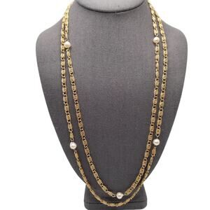 Vintage 1950s Snail Chain Pearl Long Necklace, 54 Inches